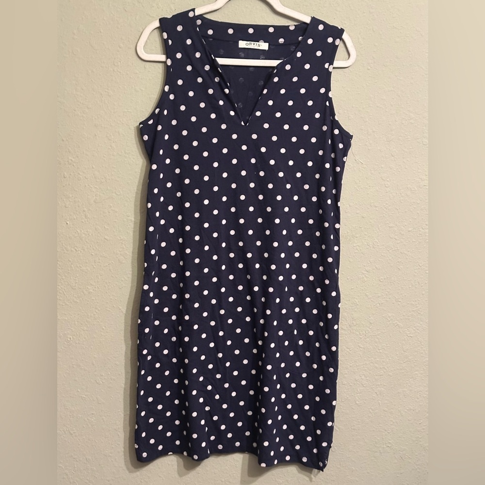 Orvis Blue and White Cotton Jersey V-Neck Sleeveless Dress - Picture 3 of 12